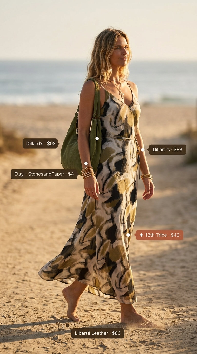 Mustard yellow abstract print maxi dress with olive green bag and cream leather slides. Summer belted dress for women 2026.