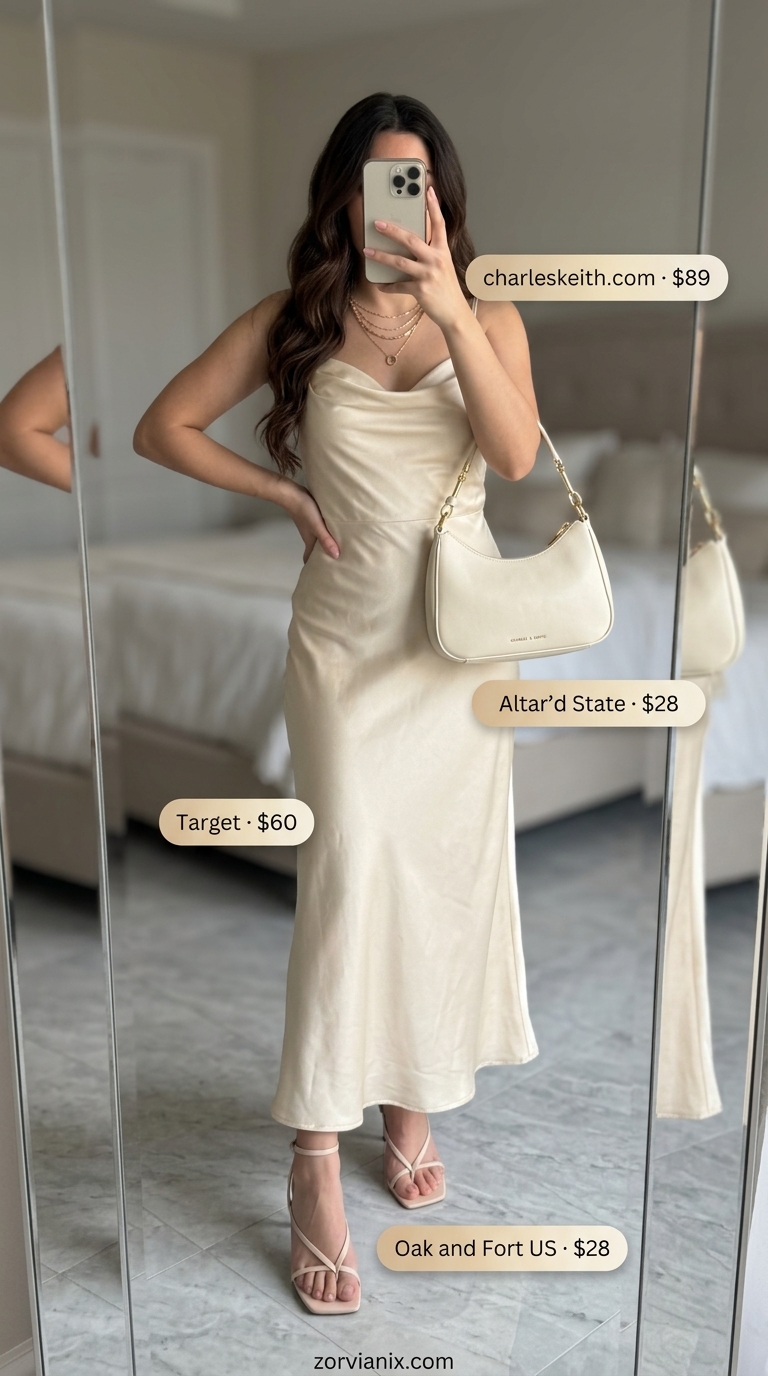 Champagne satin slip dress with cowl neck, gold necklaces, and cream strappy heels. Summer belted dress for women 2026.