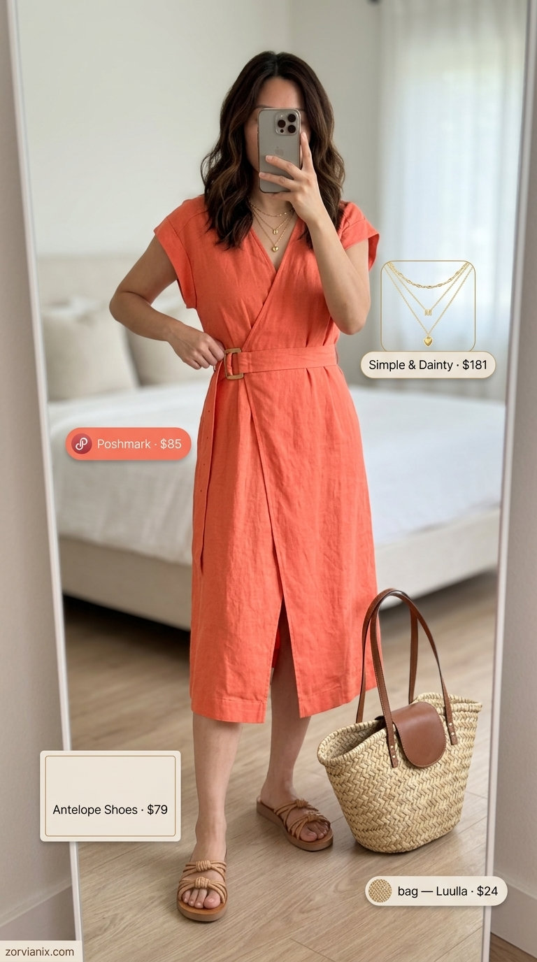 Coral linen midi wrap dress with flutter sleeves, tan slides, and straw tote. Summer belted dress for women 2026.