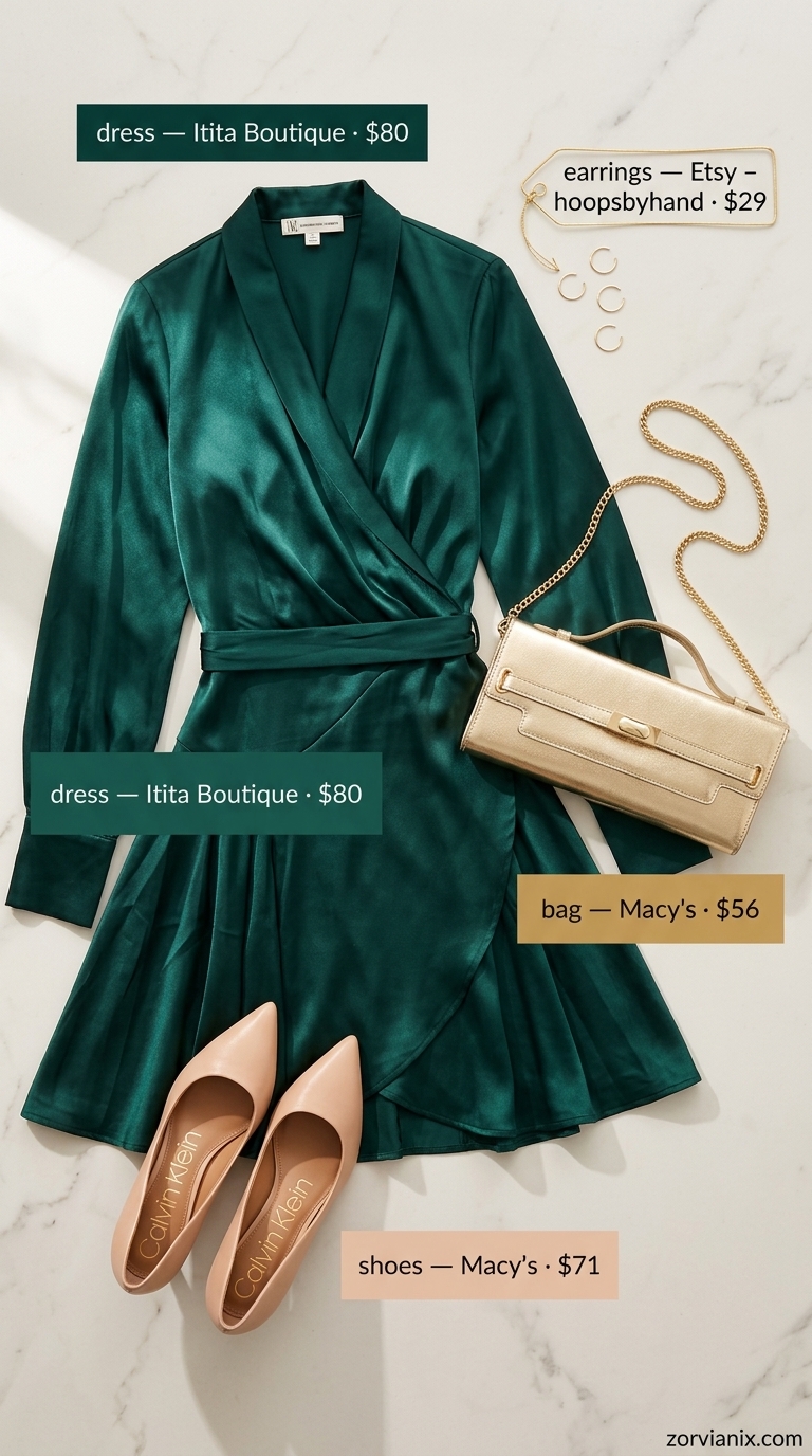 Emerald green silk midi wrap dress with gold clutch and nude heels. Summer belted dress for women 2026.