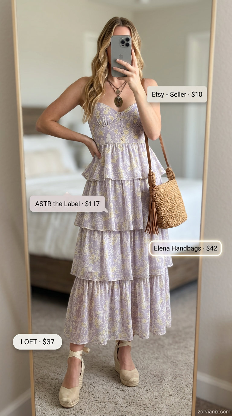 Lavender floral maxi dress with voluminous sleeves, tan crossbody bag, and wedge espadrilles. Summer belted dress for women 2026.