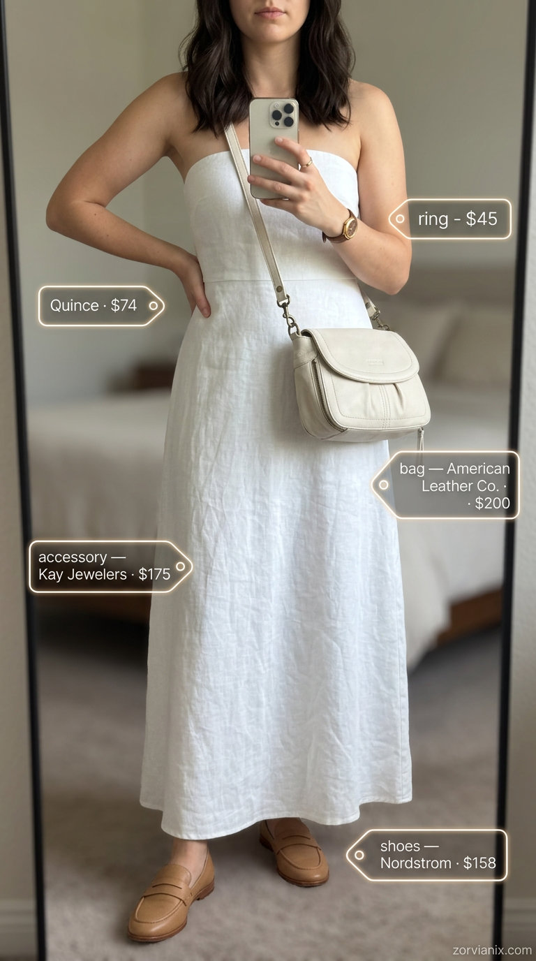 Navy blue linen blend jumpsuit with tan loafers and white crossbody bag. Summer belted dress for women 2026.