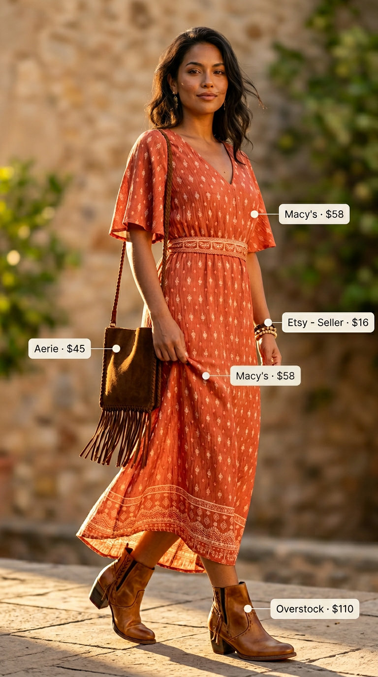 Terracotta printed maxi dress with fringe bag and leather ankle boots. Summer belted dress for women 2026.