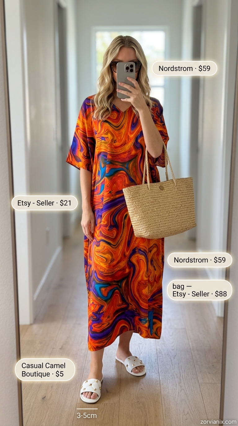 Turquoise abstract print kaftan dress with embellished slides and large straw tote. Summer belted dress for women 2026.
