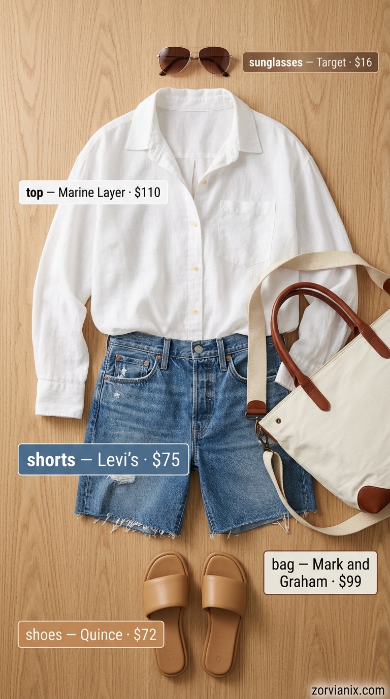 Casual denim shorts and linen shirt for a summer birthday outfit for women 2026 BBQ.