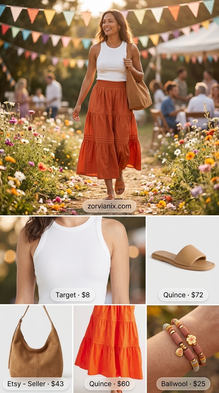 Bohemian rust orange maxi skirt outfit for a summer birthday 2026. Relaxed and earthy.