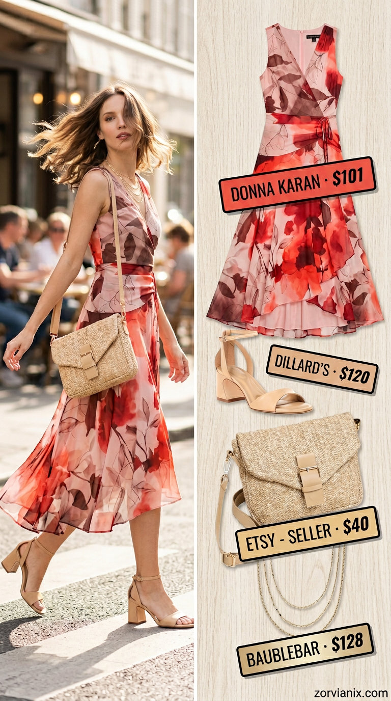 Joyful coral floral wrap dress for a summer birthday outfit for women 2026 brunch.