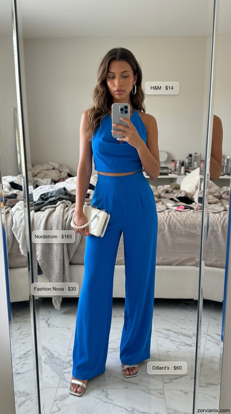 Modern cobalt blue wide-leg pants and halter top for a summer birthday outfit for women 2026 city event.