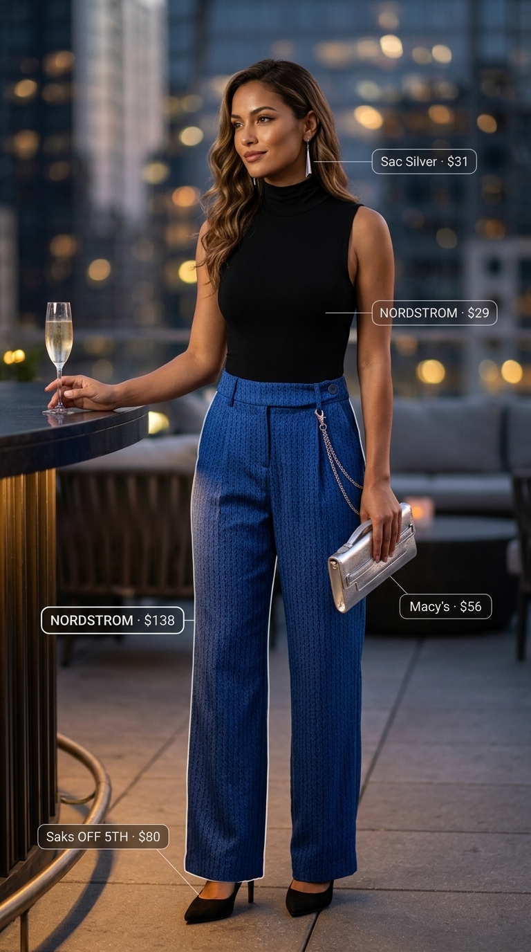 Sophisticated summer birthday outfit for women 2026: Cobalt blue trousers, black bodysuit, silver accessories.