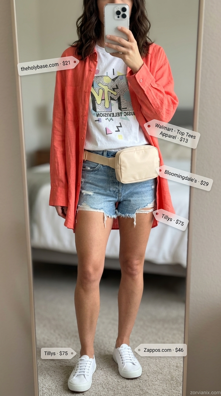 Casual denim shorts and linen shirt outfit for a summer birthday 2026. Relaxed and fun.