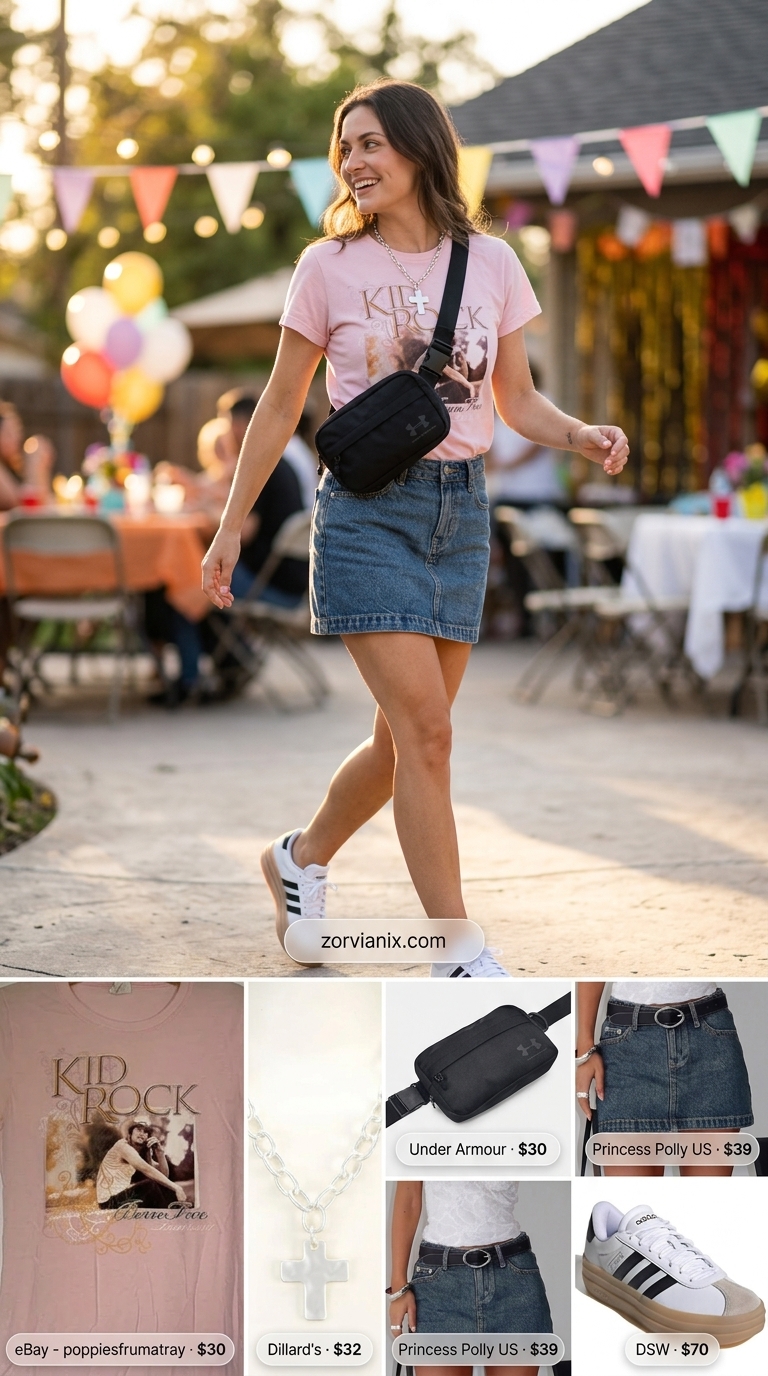 Edgy denim mini skirt and graphic tee outfit for a summer birthday 2026. Festival ready.