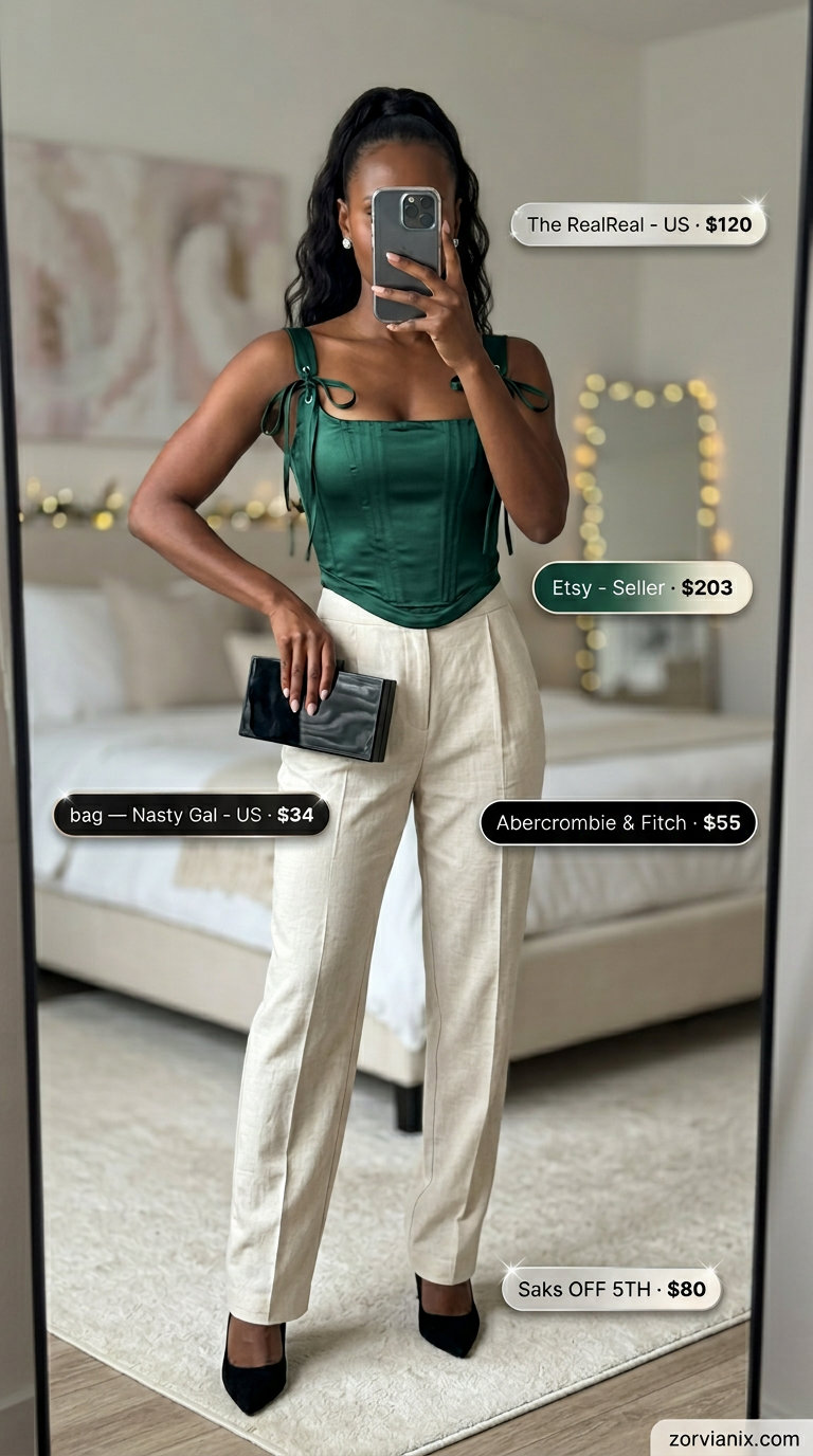 Modern summer birthday outfit for women 2026: Emerald corset top, cream trousers, black heels for dinner.