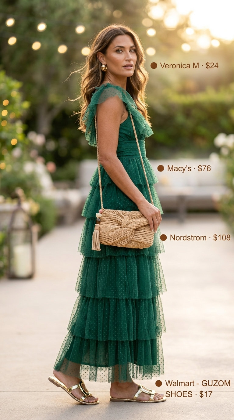 Vibrant summer birthday outfit for women 2026: Emerald green maxi dress with raffia clutch & gold sandals.