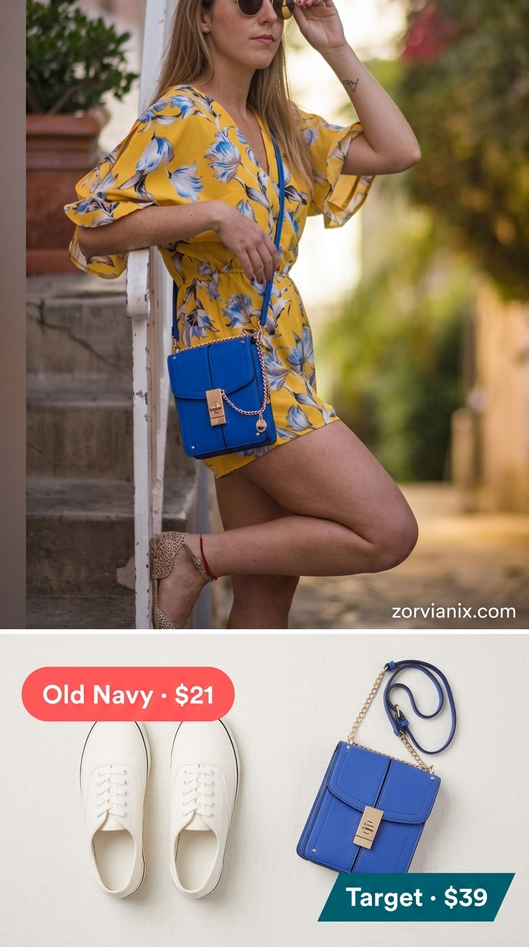 Playful yellow and blue floral romper outfit for a summer birthday party 2026. Casual and fun.