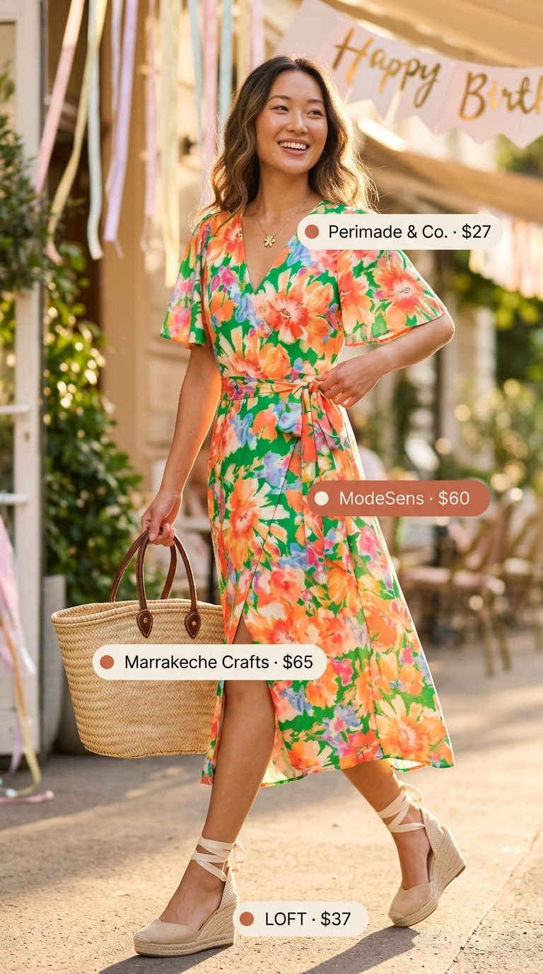 Feminine coral floral wrap dress outfit for a summer birthday brunch 2026. Effortless style.
