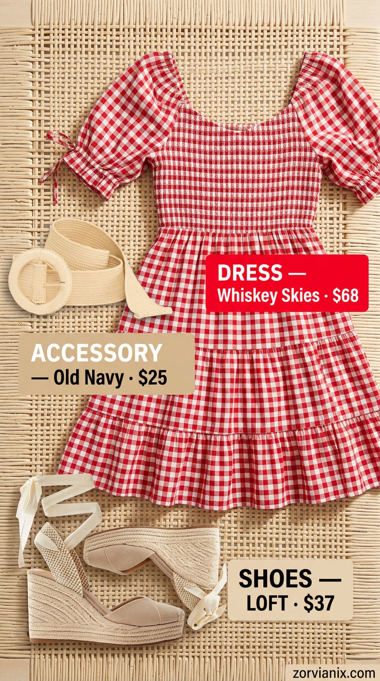 Sweet red gingham midi dress for a summer birthday outfit for women 2026 garden party.