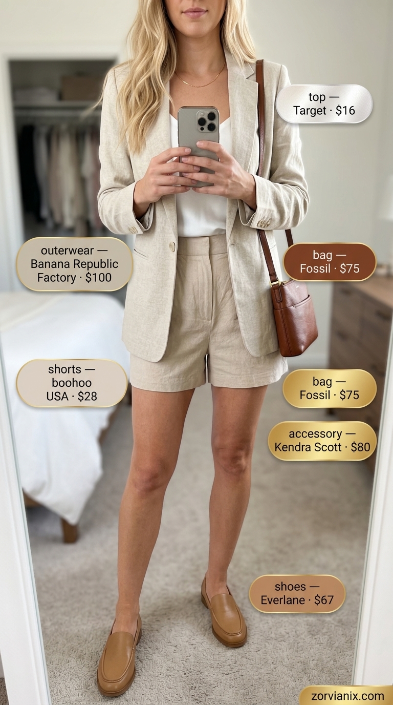 Chic beige linen shorts and blazer set for a summer birthday outfit for women 2026 garden party.
