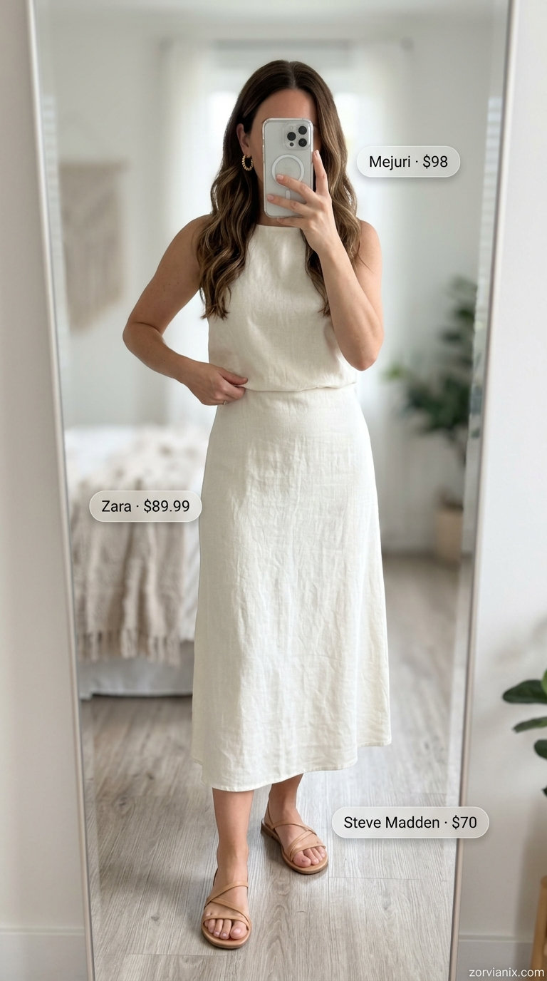 Chic summer birthday outfit for women 2026: Linen button-down & shorts set with tan sandals for brunch.