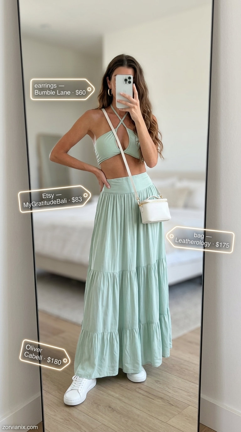 Fresh mint green linen matching set for a summer birthday party 2026. Elegant and polished.