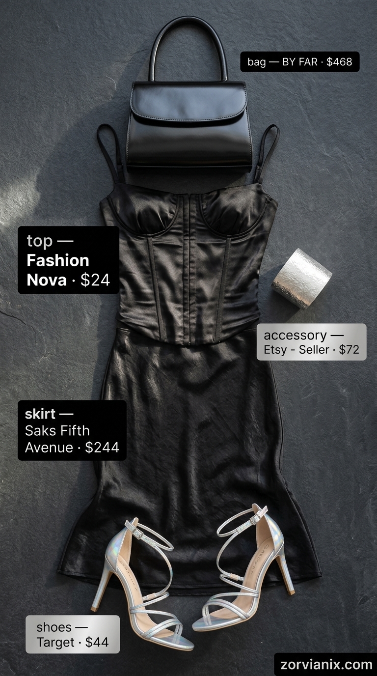 Edgy black corset top and satin skirt for a summer birthday outfit for women 2026 night out.