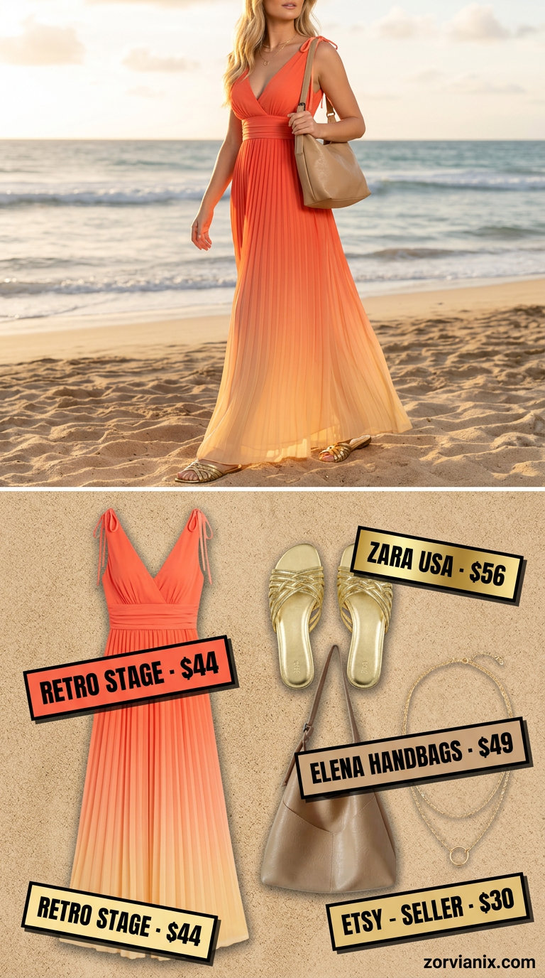 Dreamy summer birthday outfit for women 2026: Ombre maxi dress with gold sandals for a sunset cruise.