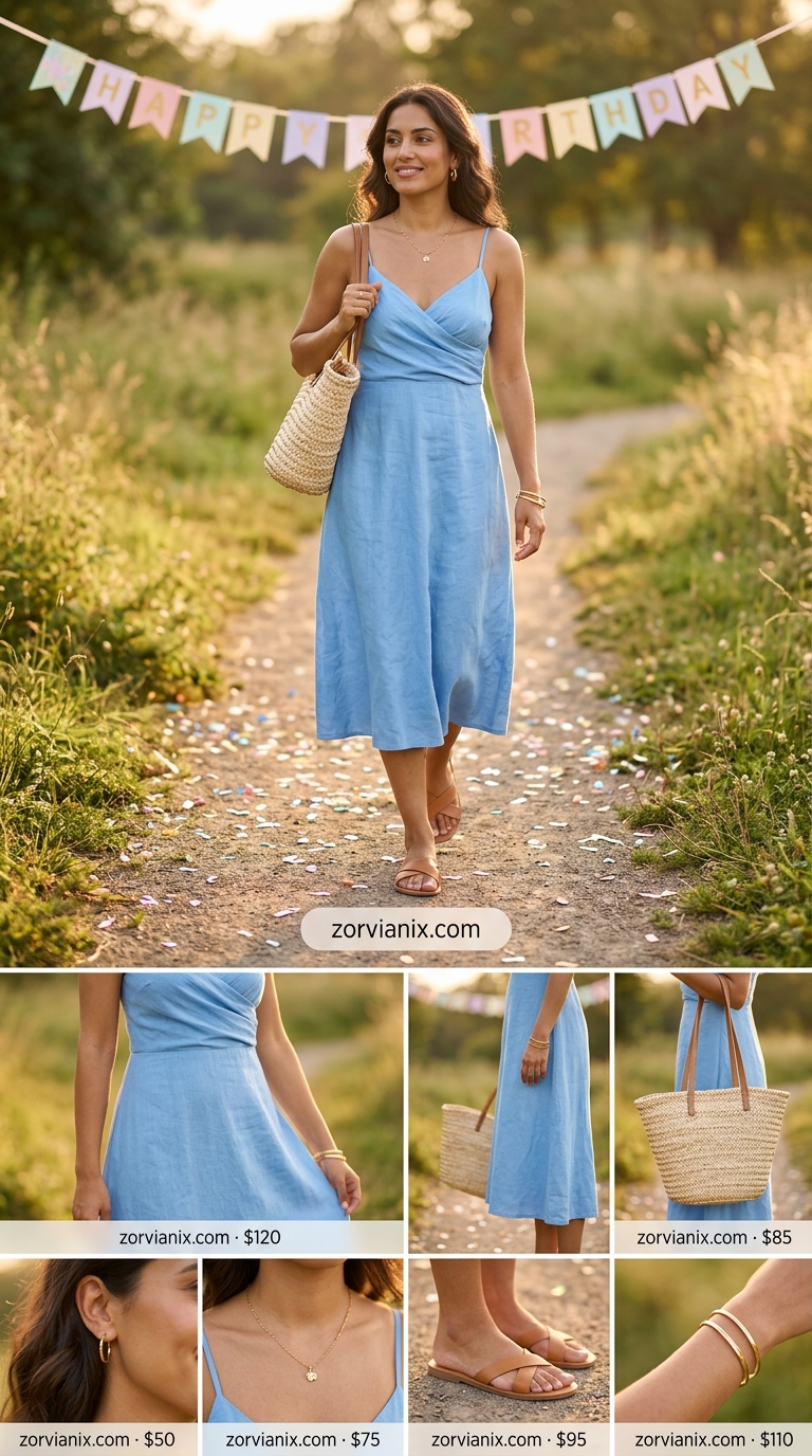Casual summer birthday outfit for women 2026: Olive linen shorts, white tee, tan sandals & crossbody bag for picnic.