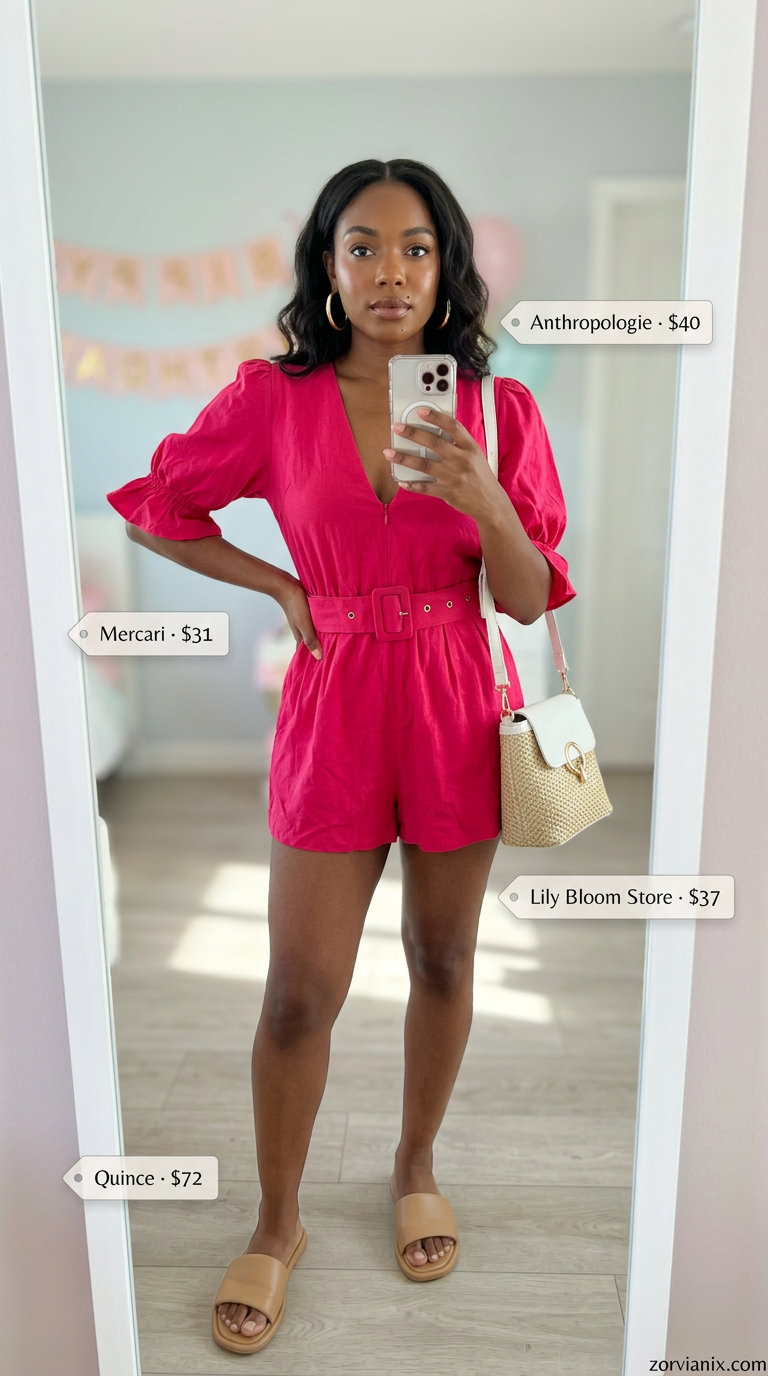 Playful fuchsia linen romper for a summer birthday outfit for women 2026 casual party.