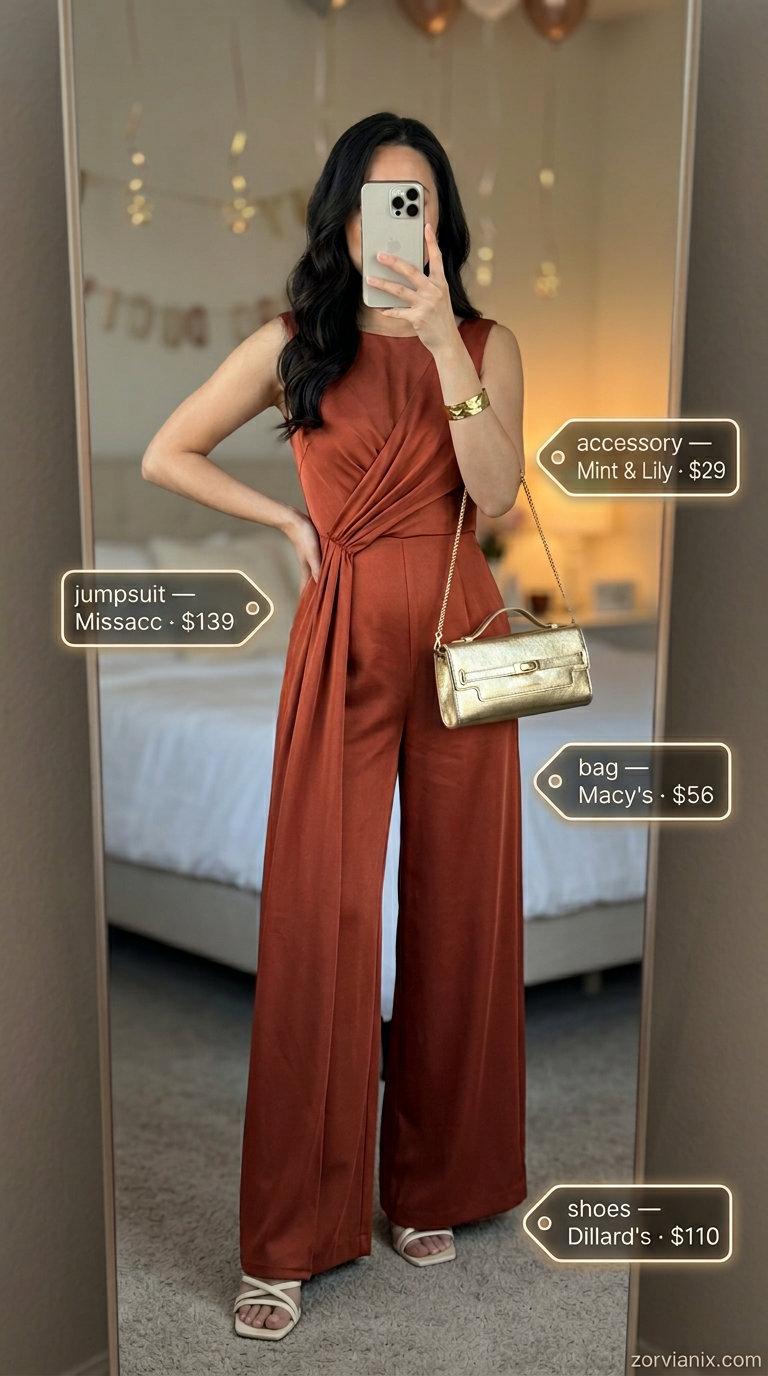 Elegant summer birthday outfit for women 2026: Terracotta wide-leg jumpsuit with gold accessories for dinner.