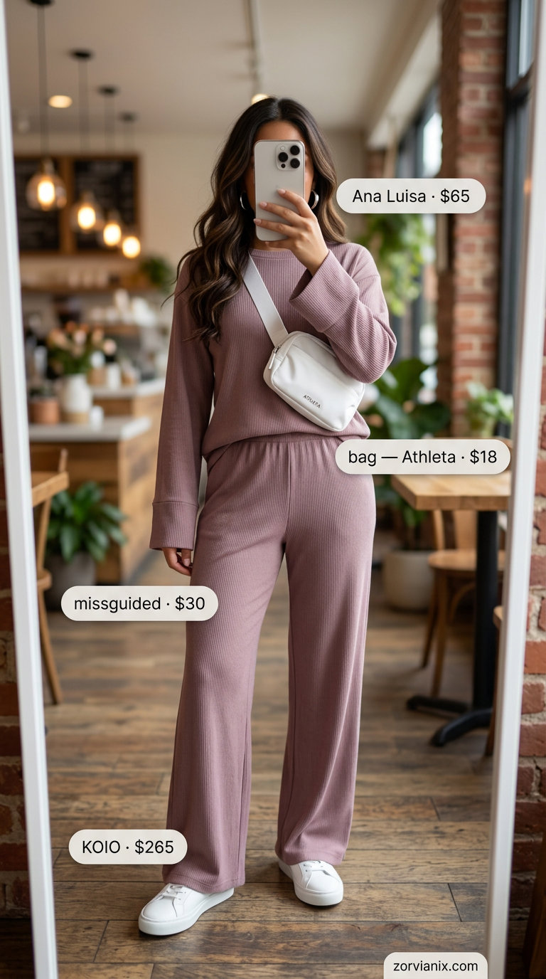 Elevated athleisure set for summer brunch 2026: Blush pink knit set, white sneakers, belt bag.