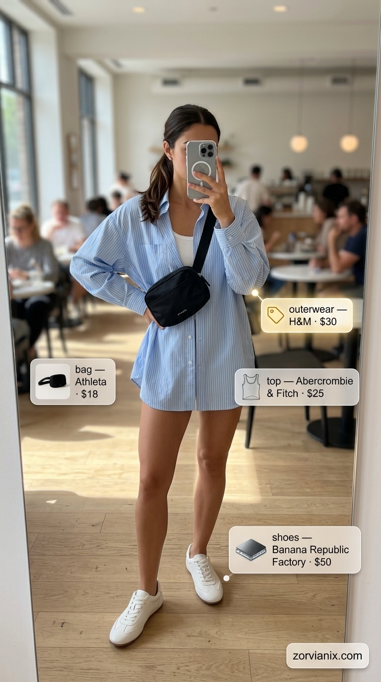 Elevated athleisure brunch outfit for women 2026. Comfortable grey joggers, white tank, and oversized button-down shirt.