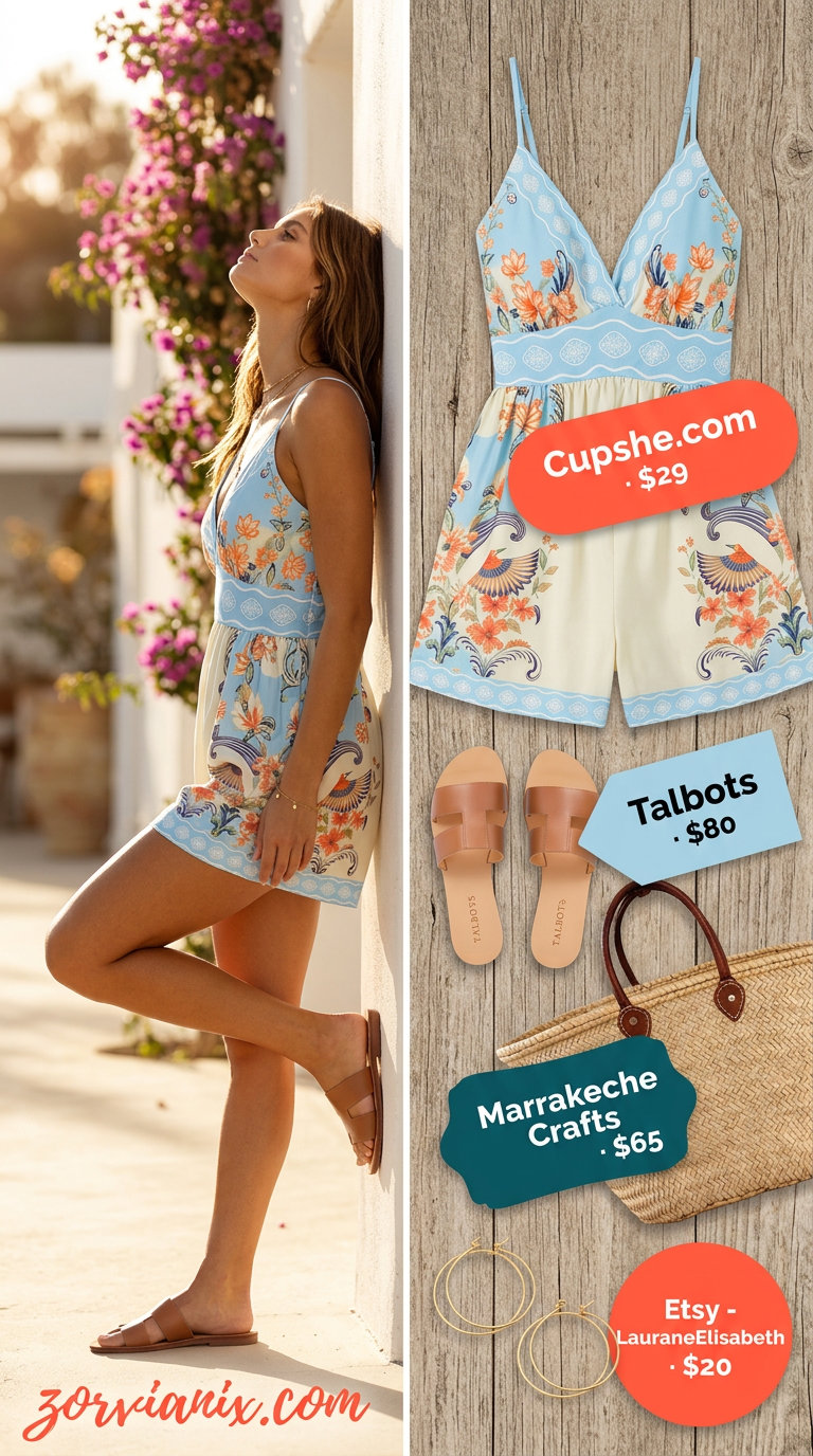 Blue floral romper summer brunch outfit for women 2026 with straw tote & sandals.