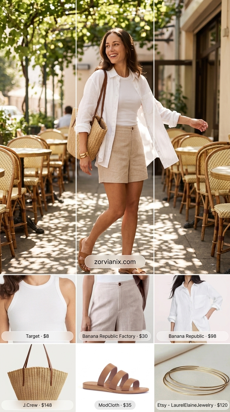 Coastal linen shorts outfit for summer brunch 2026: White oversized linen shirt, beige shorts, tan slides, straw tote.