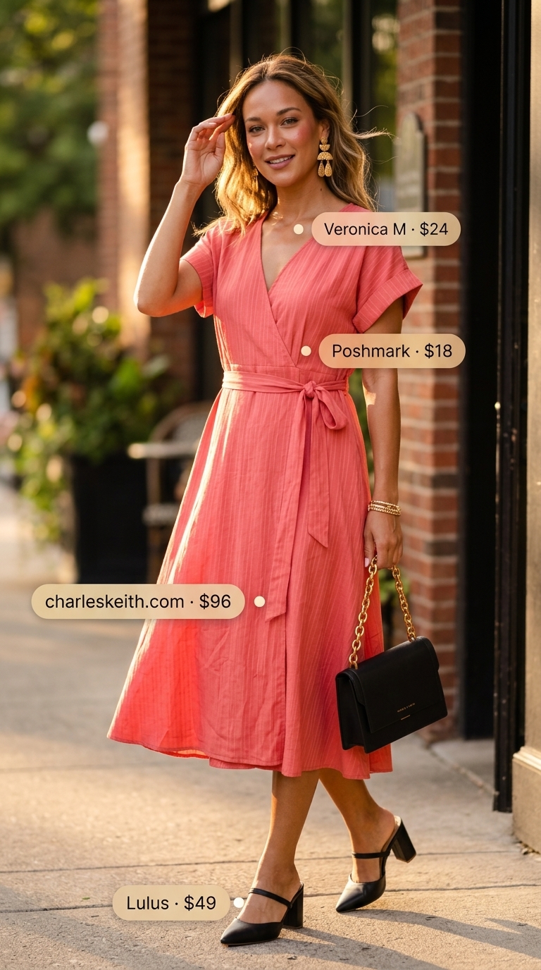 Vibrant coral satin midi dress outfit for summer brunch for women 2026. Sophisticated look with black accessories & gold earrings.
