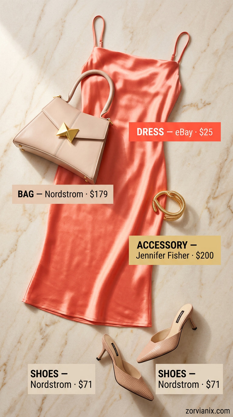 Coral slip dress summer brunch outfit for women 2026 with nude mules & gold cuff.