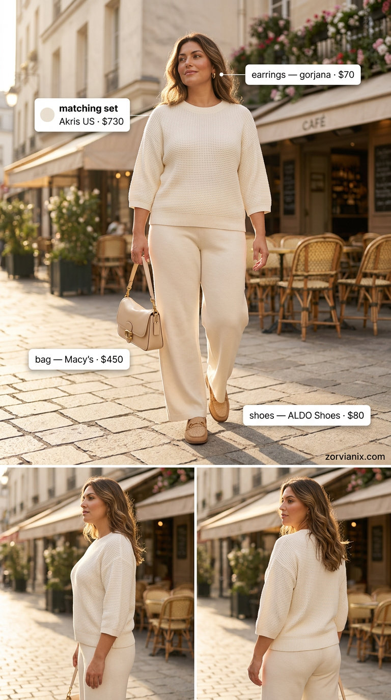 Cream knit matching set outfit for summer brunch for women 2026. Comfortable chic look with loafers & shoulder bag.