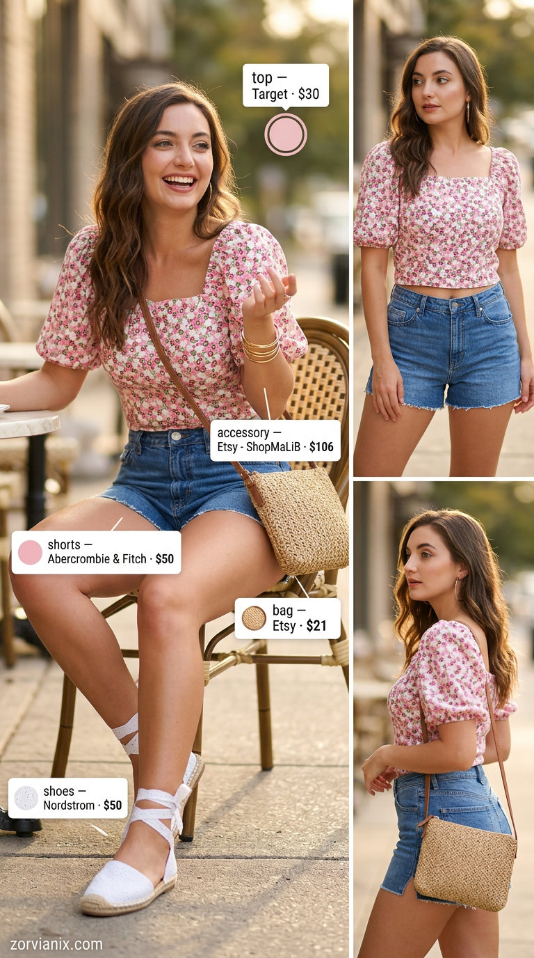 Denim shorts and floral blouse outfit for summer brunch for women 2026. Playful feminine look with espadrilles & straw bag.