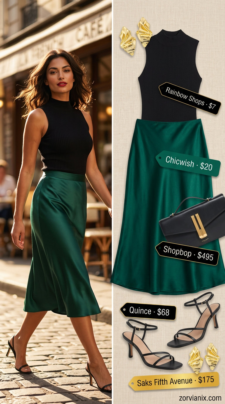 Emerald green satin midi skirt outfit for summer brunch for women 2026. Sophisticated look with black top & gold accessories.