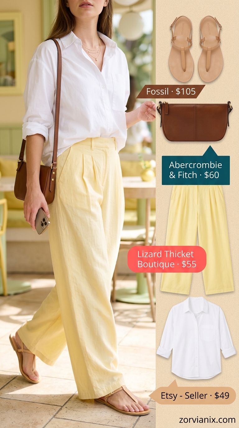 Lemon yellow linen pants outfit for summer brunch 2026: White shirt, yellow pants, tan sandals, crossbody bag.