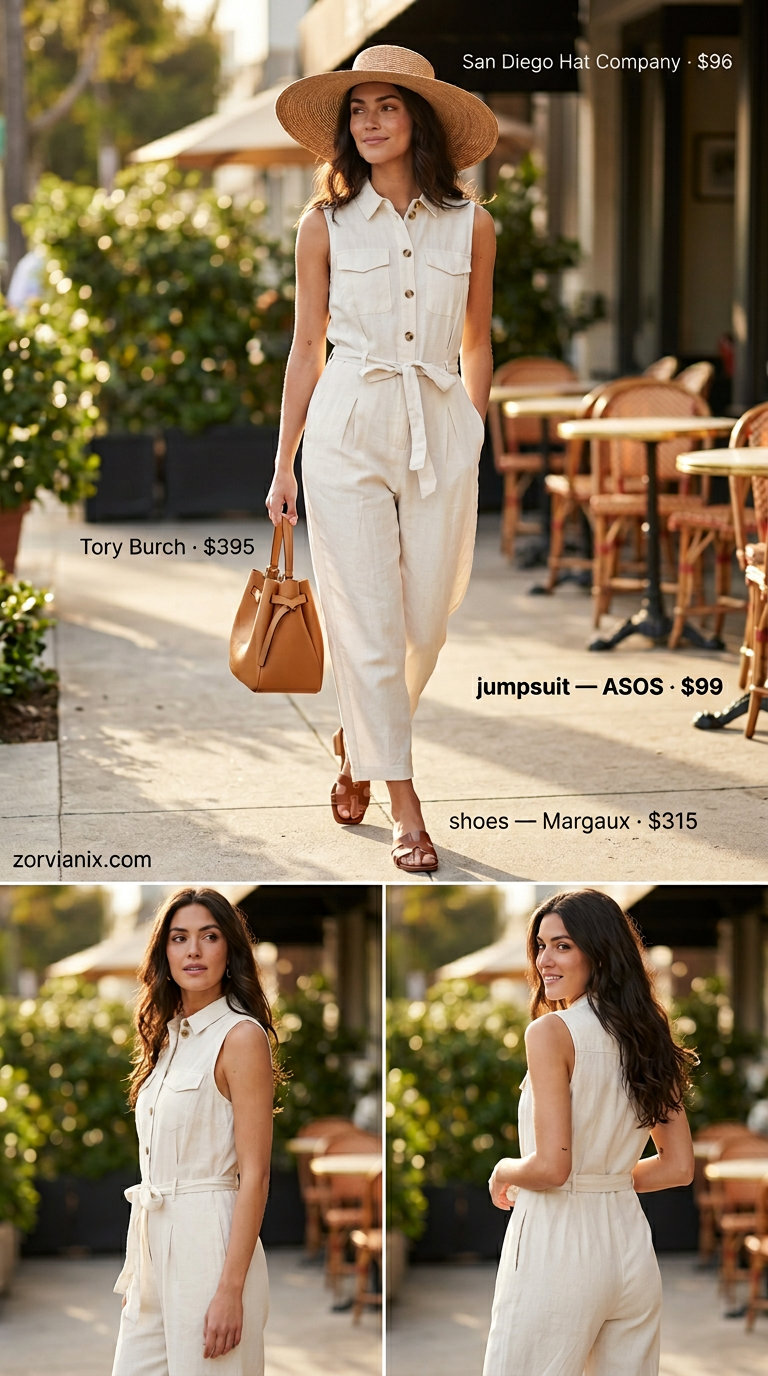 White linen utility jumpsuit for summer brunch outfits for women 2026, with tan slides and straw hat.