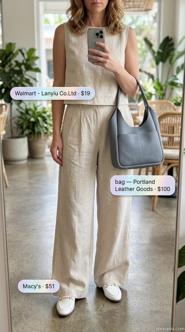 Modern minimalist linen set outfit for summer brunch for women 2026. Chic oatmeal pants & cropped tank with silver accents.