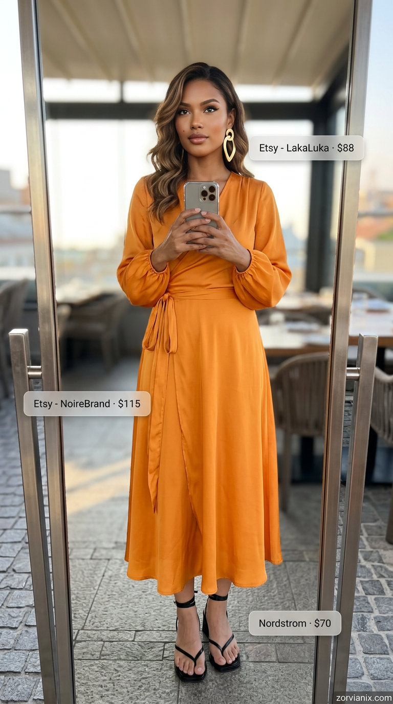 Mango orange satin midi wrap dress outfit for summer brunch for women 2026. Chic look for rooftop events with black & gold.