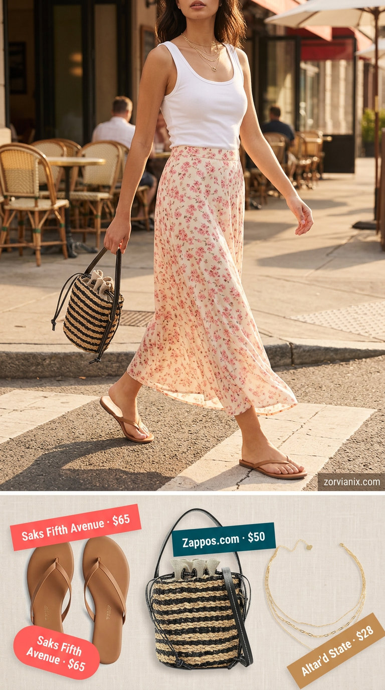 Cream floral maxi skirt summer brunch outfit for women 2026 with ribbed tank & sandals.