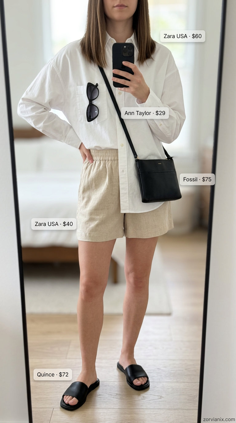Modern minimalist linen shorts outfit for summer brunch 2026: Beige shorts, white shirt, black slides.
