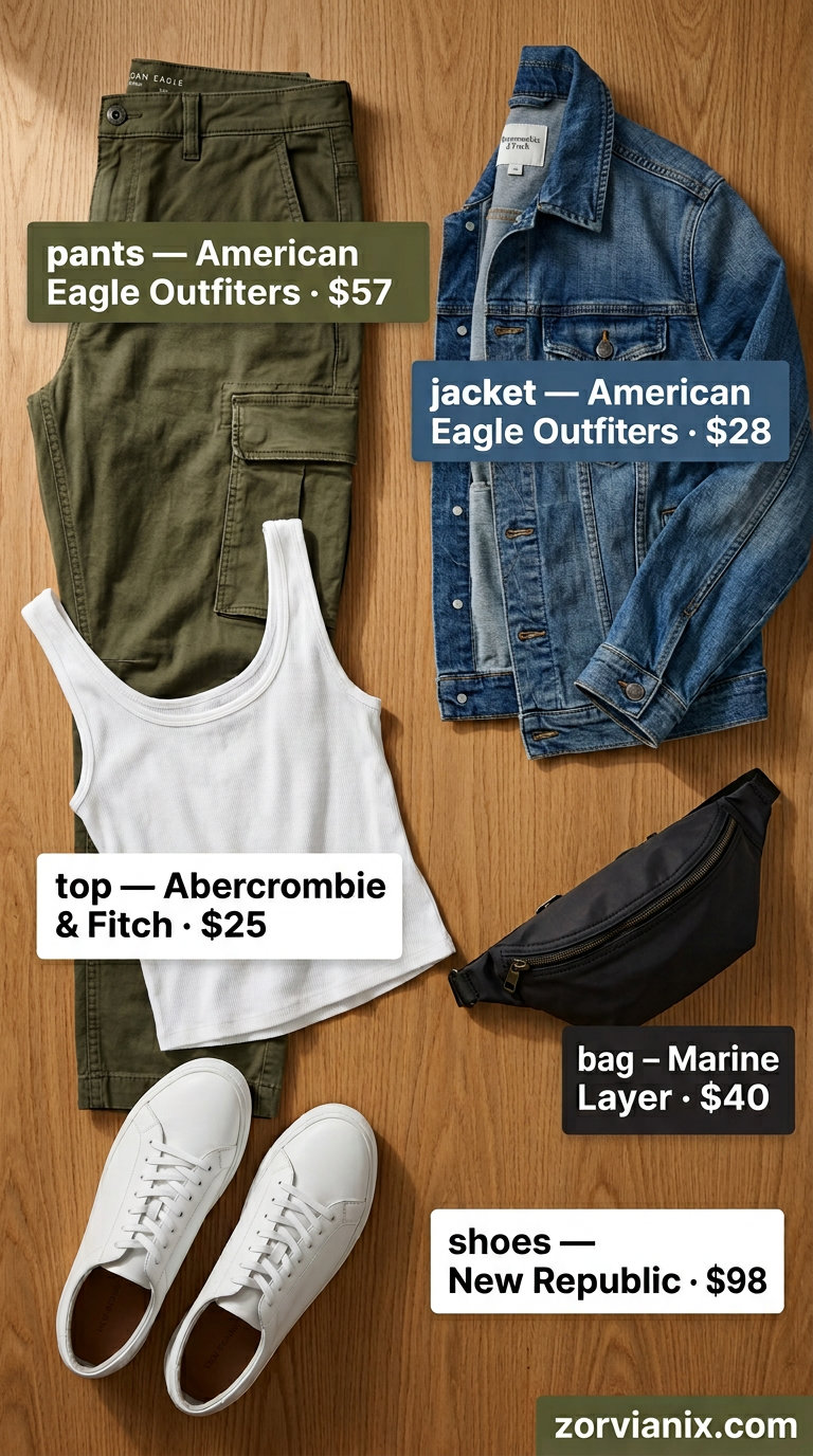 Olive green cargo pants outfit for summer brunch for women 2026. Cool utilitarian look with denim jacket & white sneakers.