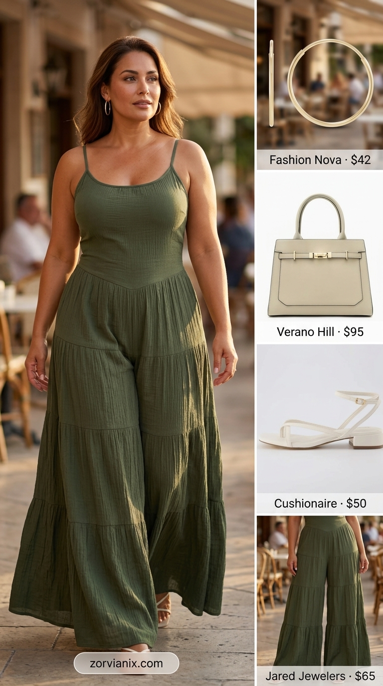 Olive green wide-leg jumpsuit summer brunch outfit for women 2026 with block heels.