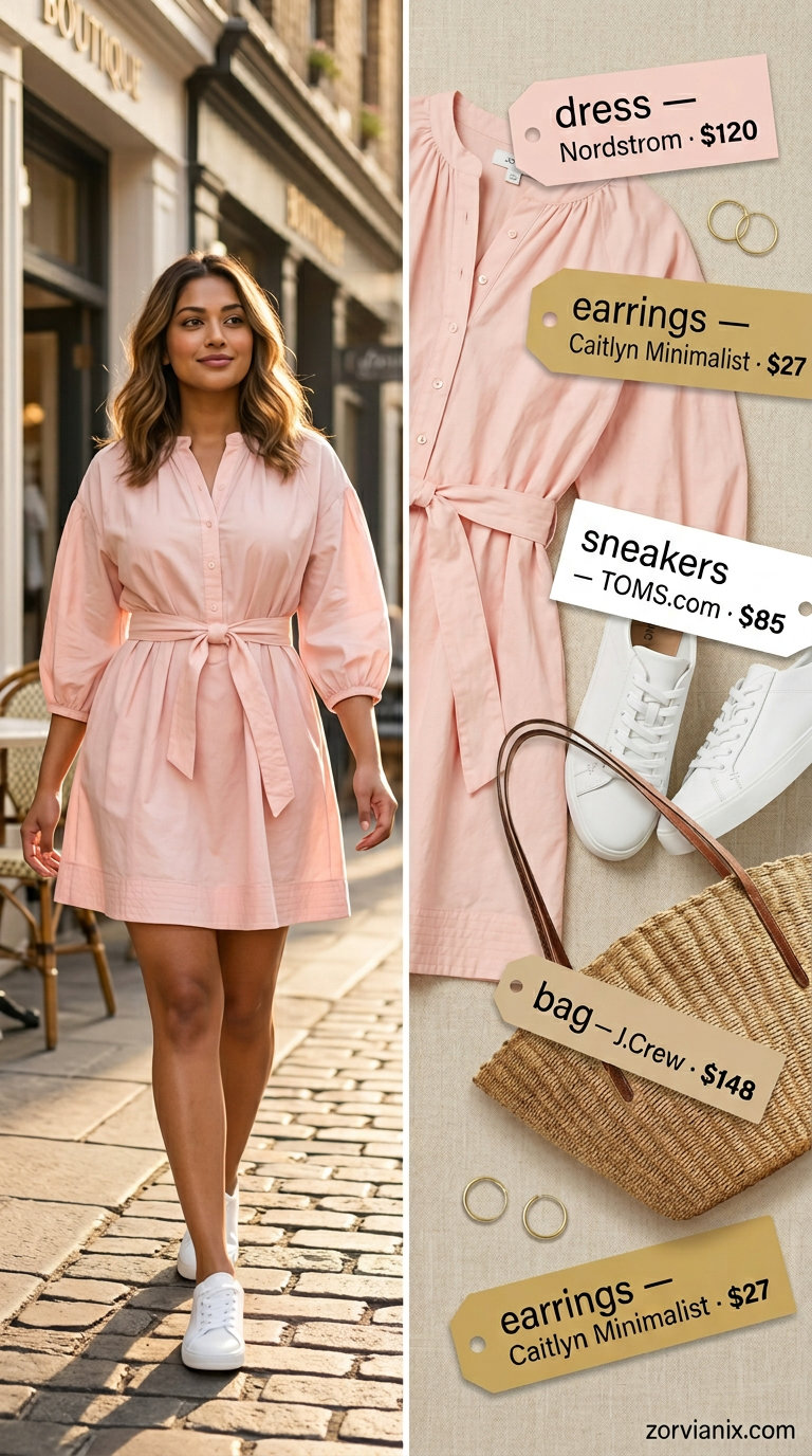 Blush pink shirtdress outfit for summer brunch for women 2026. Effortless look with white sneakers & straw tote bag.
