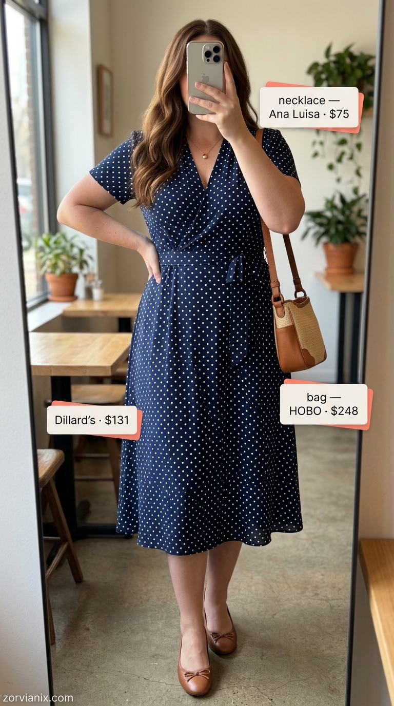 Playful polka dot midi dress for summer brunch outfits for women 2026, with tan flats and straw crossbody.