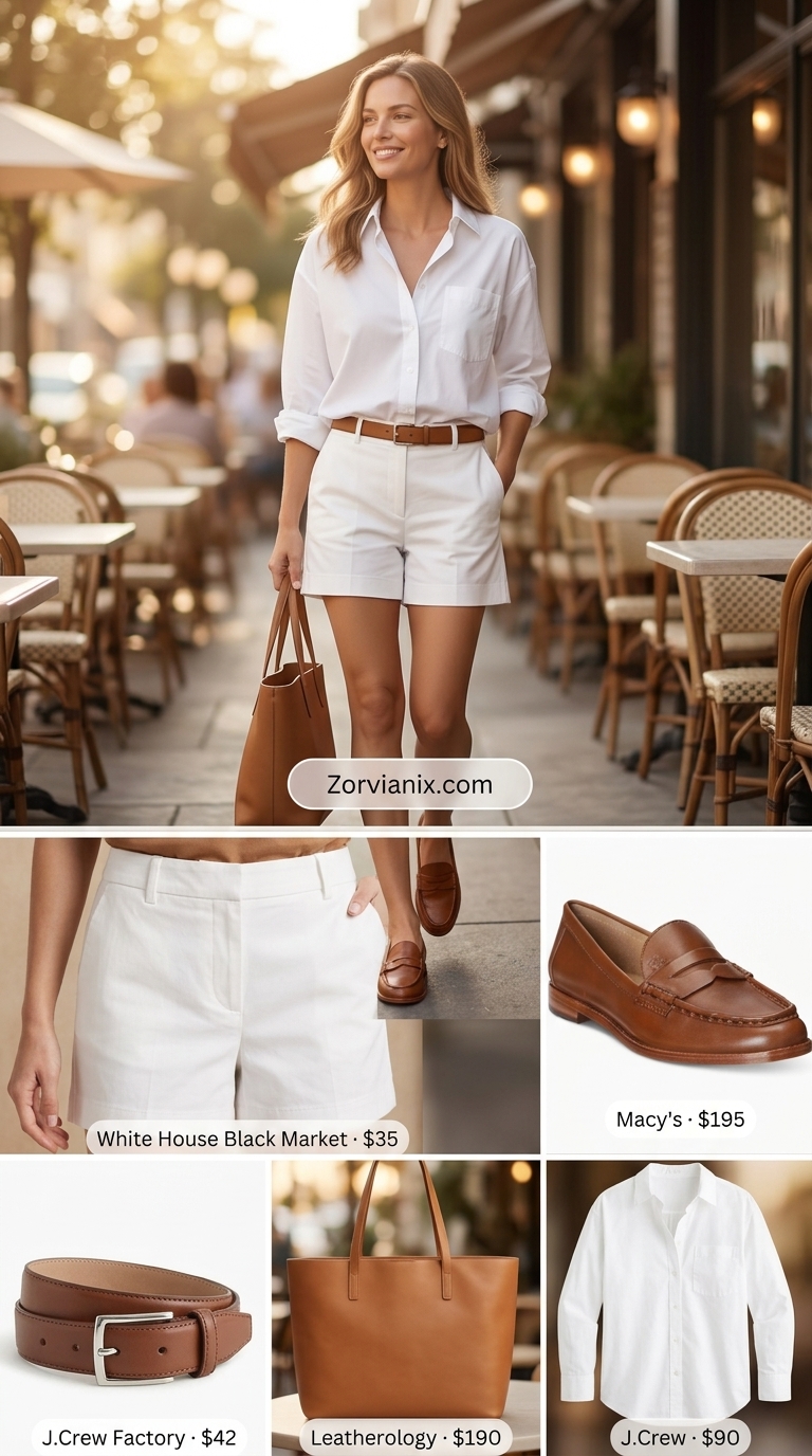 Smart casual summer brunch outfits for women 2026: Navy tailored shorts, white button-down, tan loafers.