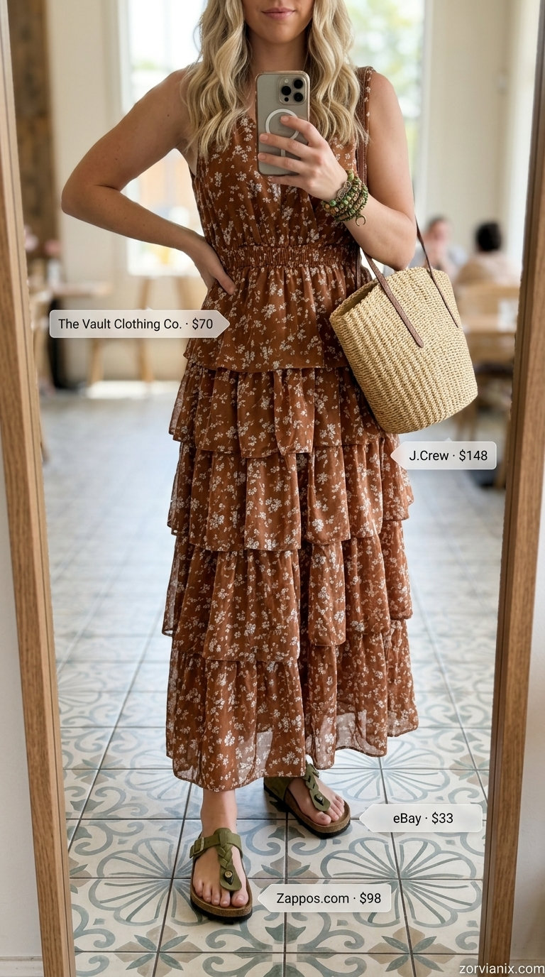 Terracotta tiered maxi dress summer brunch outfit for women 2026 with slide sandals.