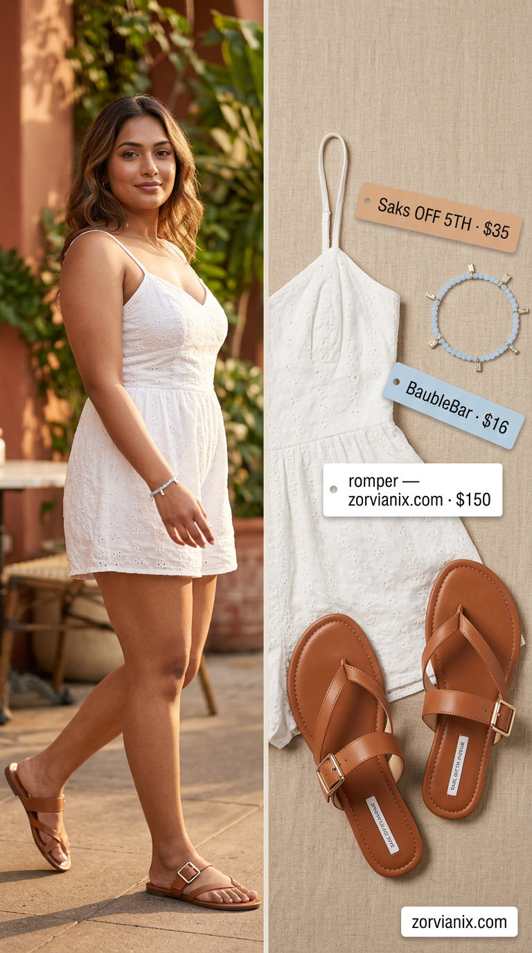 White eyelet romper summer brunch outfit for women 2026 with tan sandals.